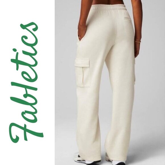 FABLETICS COZY FLEECE WIDE LEG CARGO SWEATPANTS IVORY CREAM, SIZE MEDIUM - Picture 7 of 13